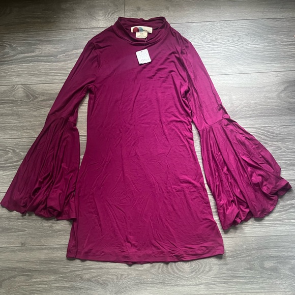 NEW Free People Purple Mock Turtleneck Long Bell Sleeve Mini Dress Fall Size M - Picture 1 of 7